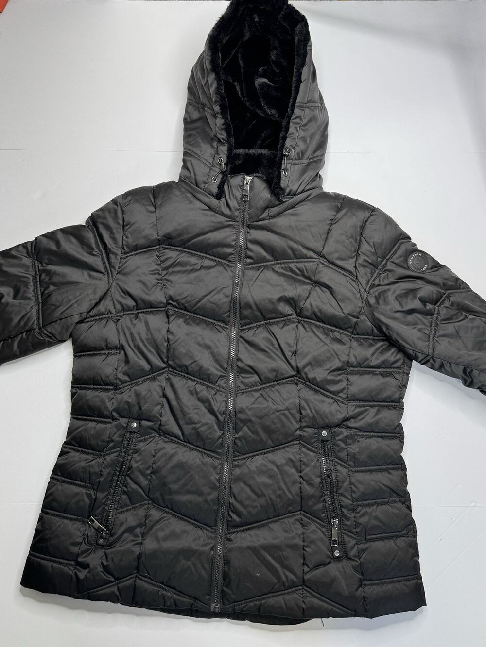 Nautica Womens XL Black Puffer Coat Detachable Faux Fur Hood Water Resistant